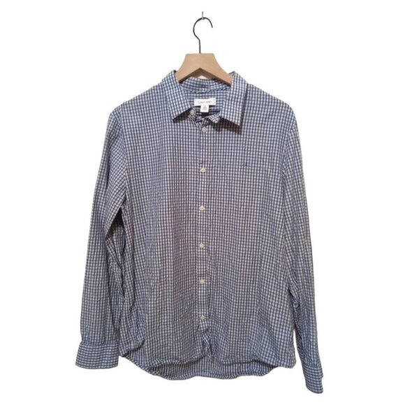 Calvin Klein Blue Checkered The Cotton Cashmere Casual Button Down Shirt Sz L - Picture 1 of 8